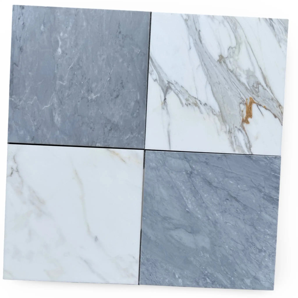 Four square marble tiles from the Checkerboard Bardiglio and Calacatta Gold 12x12 Set