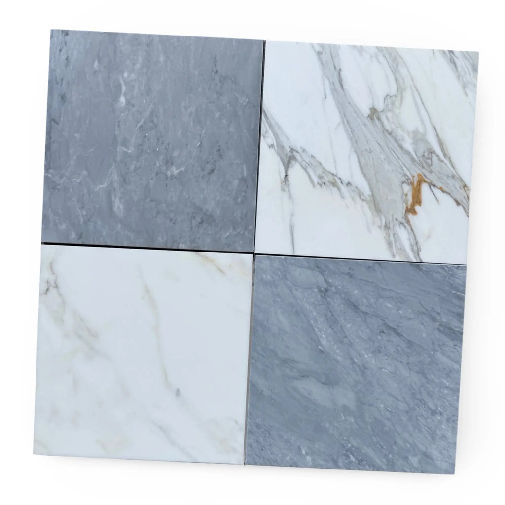 Four square Marble Tiles from Checkerboard Bardiglio and Calacatta Gold Marble 12x12 Set