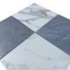 Four square marble tiles featuring Bardiglio and Calacatta Gold patterns for elegant flooring