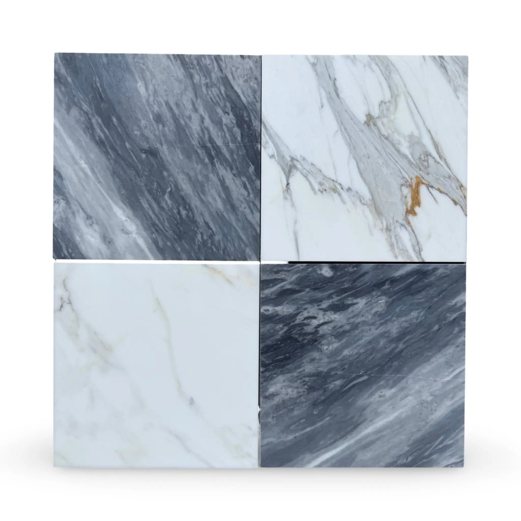 Four marble tiles in the Checkerboard Bardiglio and Calacatta Gold Marble 12X12 Set