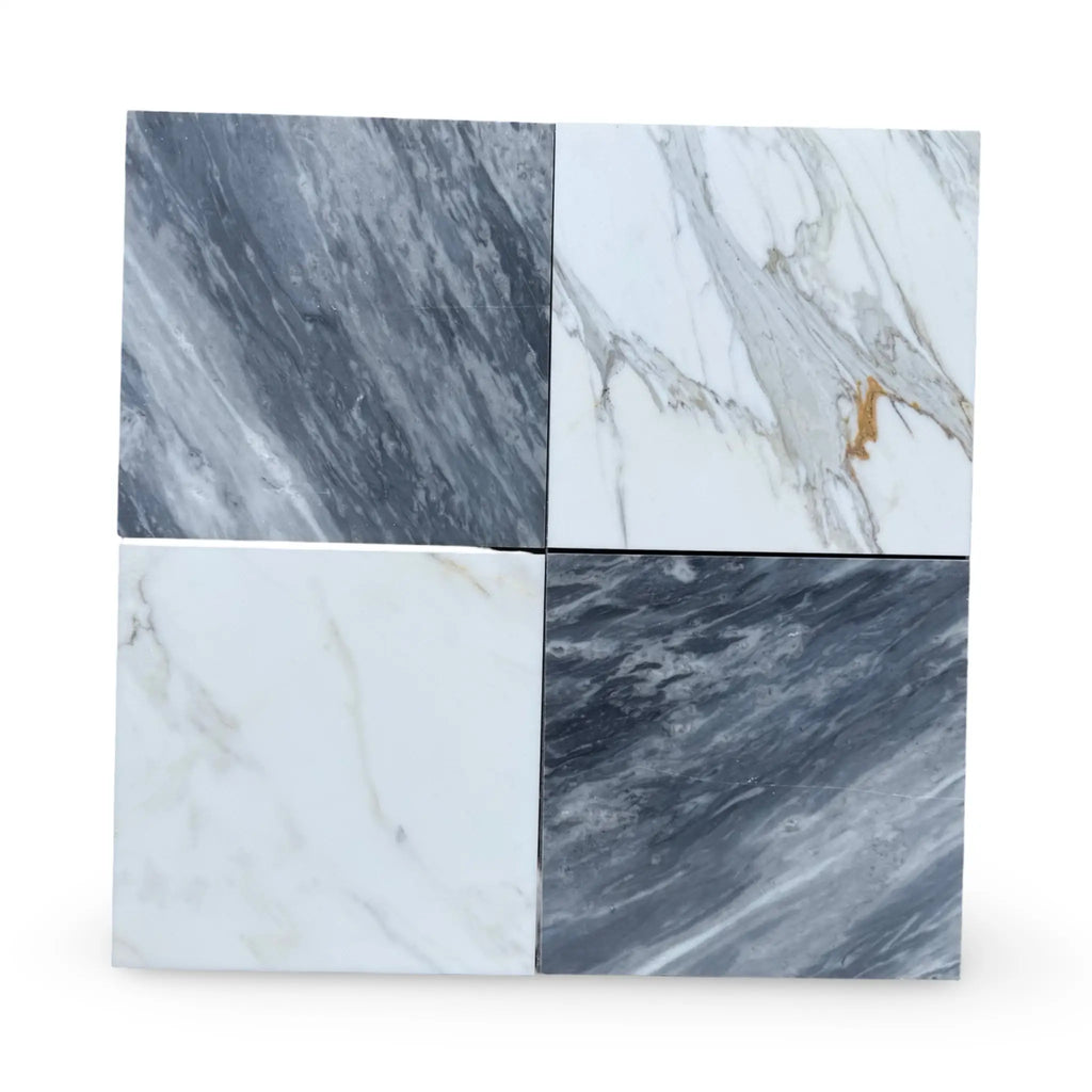 Four marble tiles from the Checkerboard Bardiglio and Calacatta Gold 12x12 Set