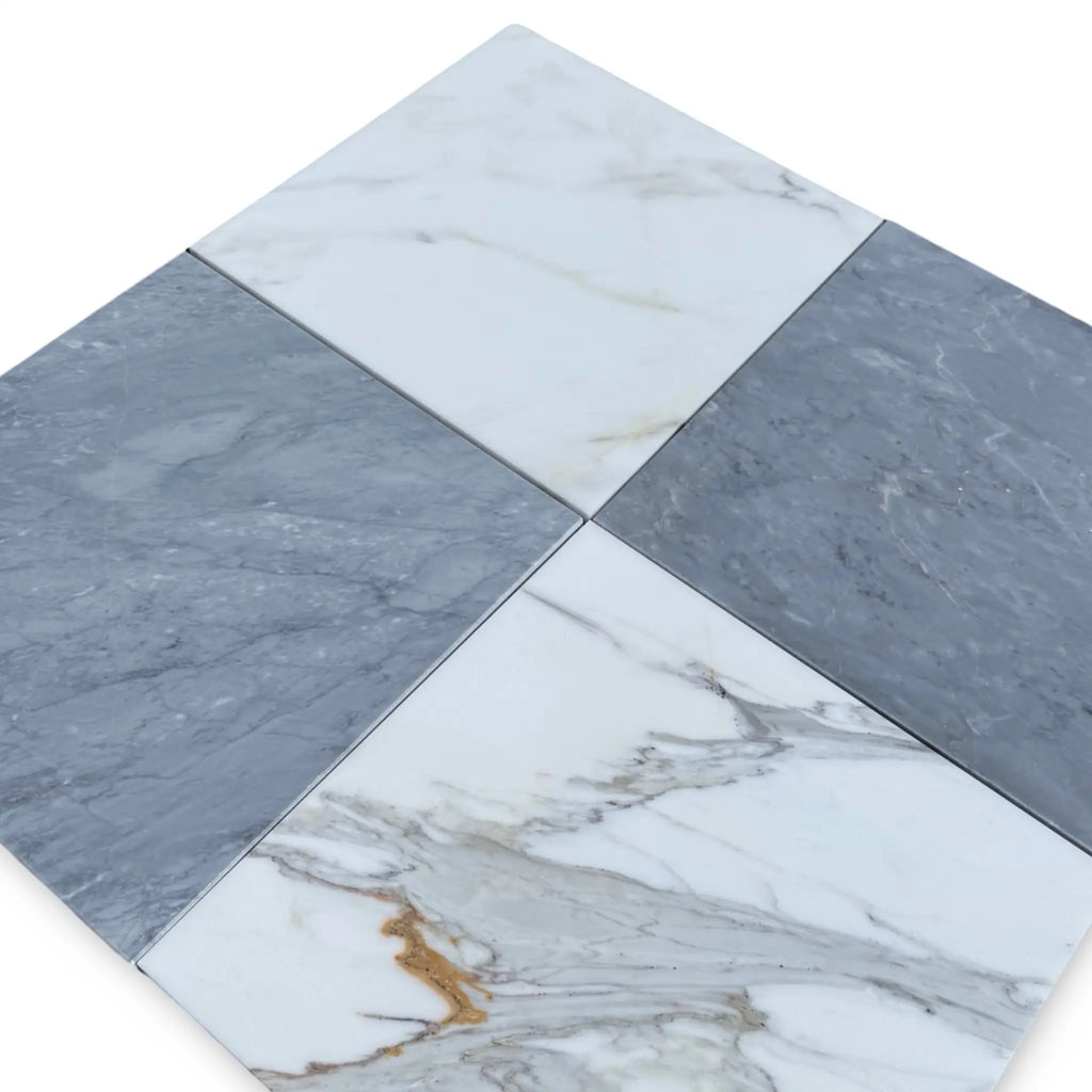 Square marble tiles from the Checkerboard Bardiglio and Calacatta Gold Marble 12x12 Set