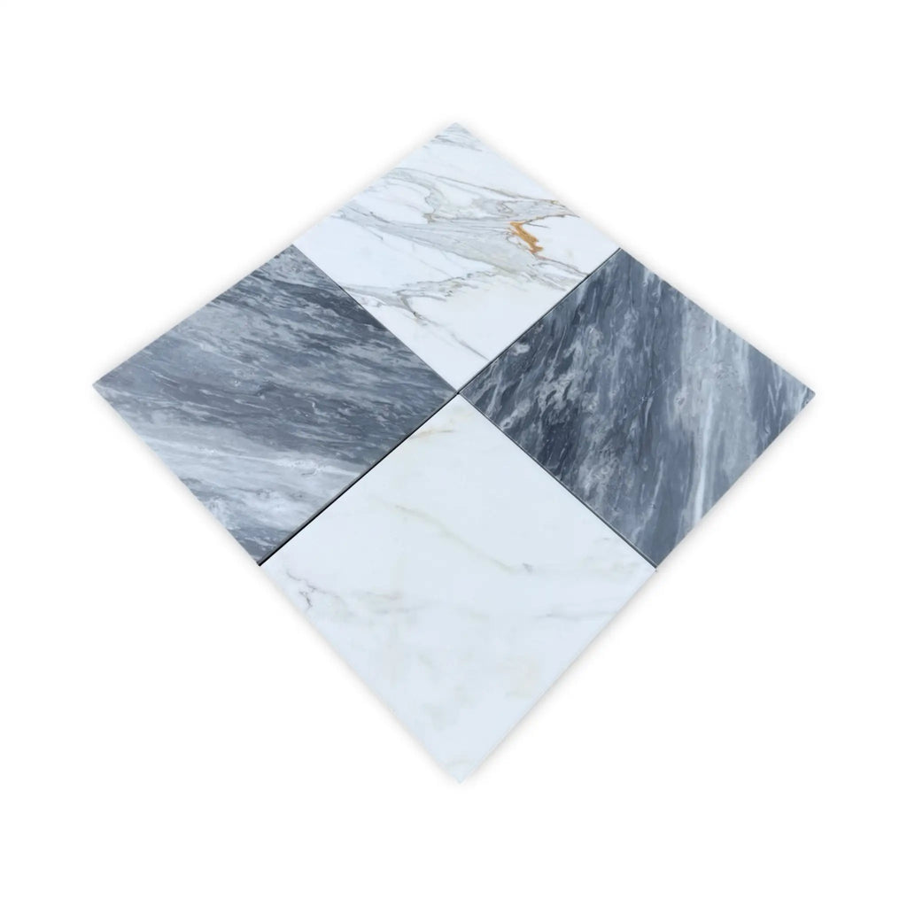 Diamond-patterned marble tiles from Checkerboard Bardiglio and Calacatta Gold Marble 18X18 Set