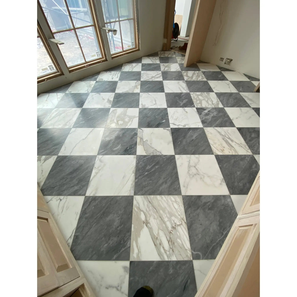 Black and white Bardiglio Calacatta Gold marble checkered 18x18 tiles