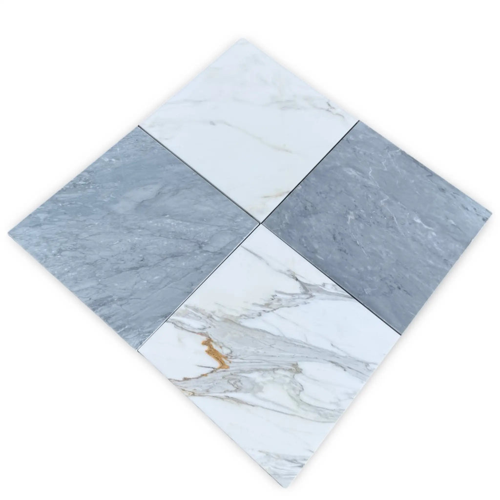 Four square marble tiles from the Checkerboard Bardiglio and Calacatta Gold Marble set