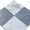 Four square marble tiles featuring Bardiglio and Calacatta Gold patterns for elegant flooring