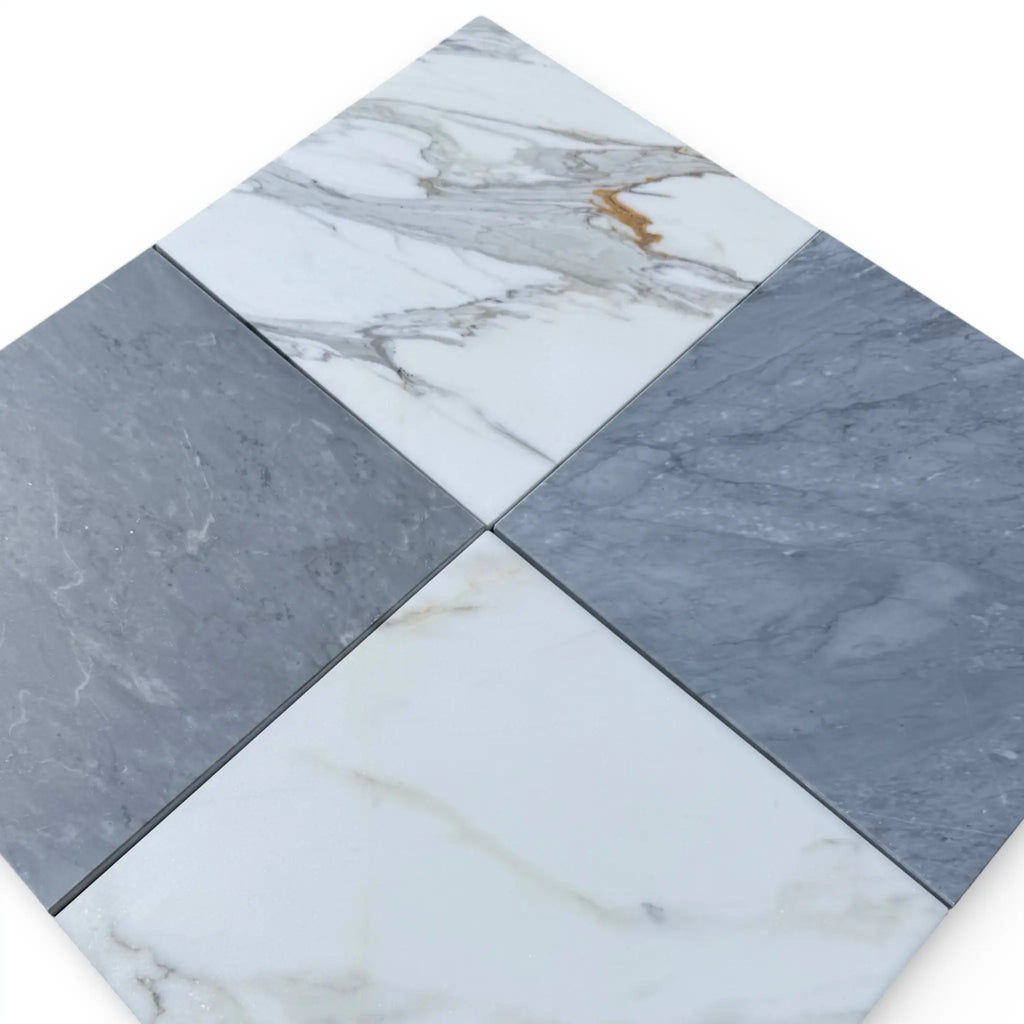 Four square marble tiles featuring Bardiglio and Calacatta Gold patterns for elegant flooring
