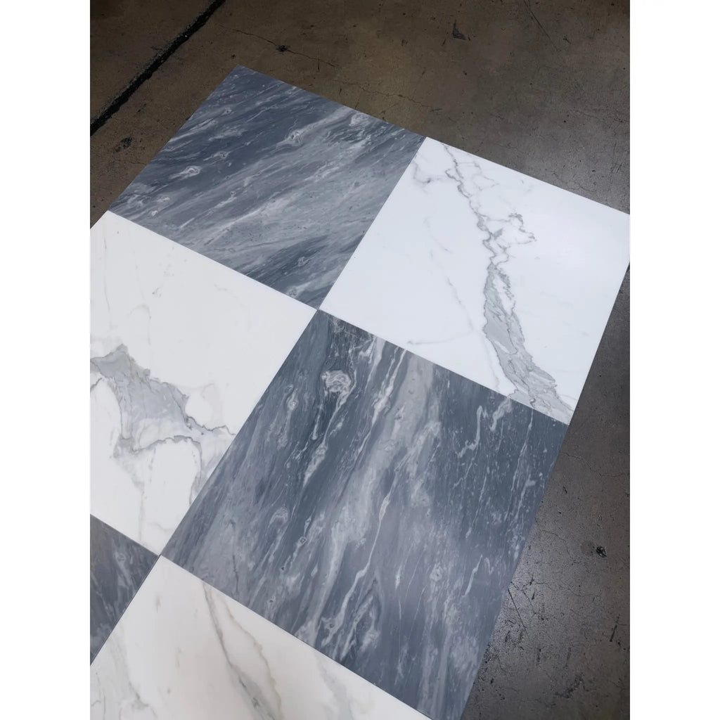 Checkerboard Bardiglio and Calacatta Gold marble 18x18 tiles