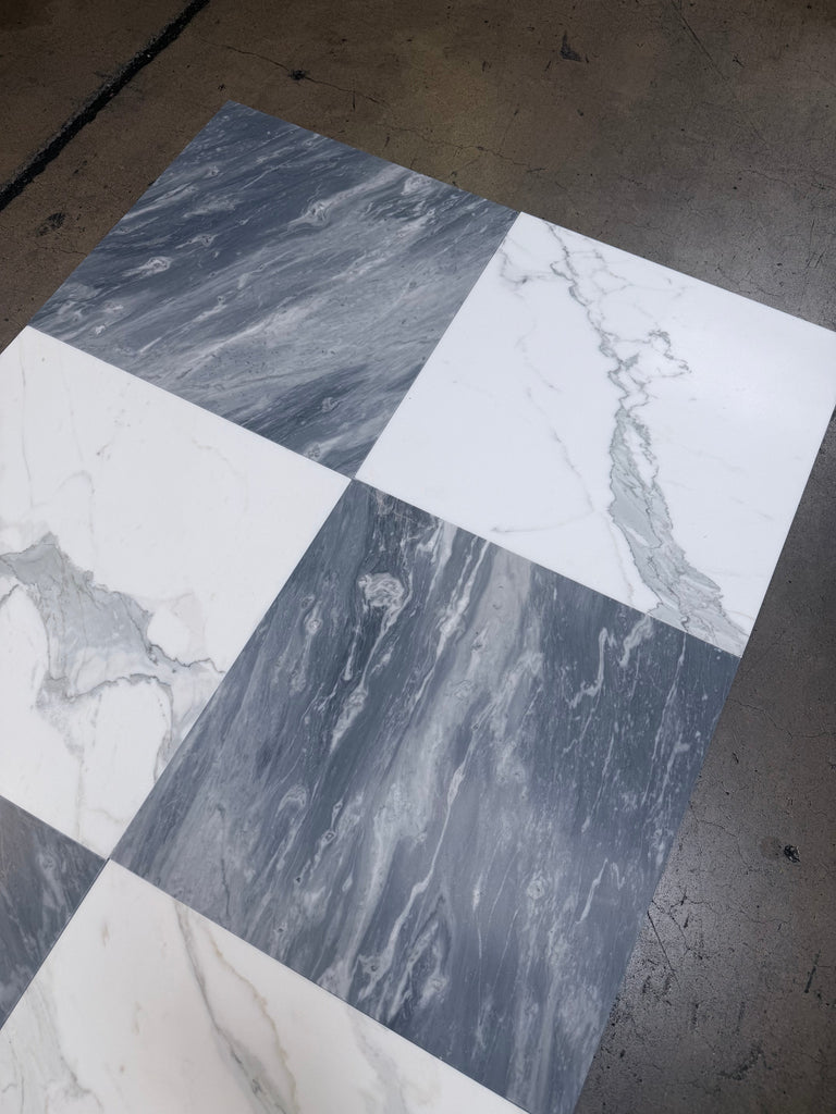 Checkerboard Bardiglio and Calacatta Gold marble 18x18 tiles