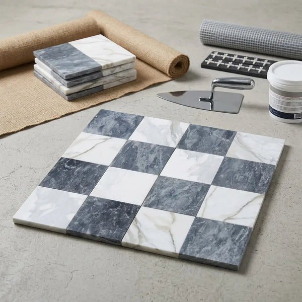Checkerboard bardiglio and calacatta gold marble 18x18 set featuring gray and white marble mosaic tile in checkerboard pattern
