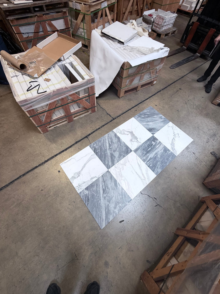 Checkerboard Bardiglio and Calacatta Gold Marble 18x18 Floor Tiles