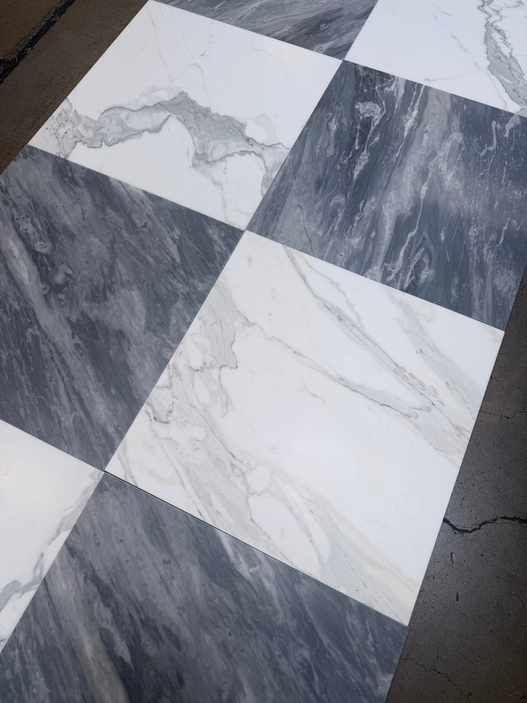 Checkerboard Bardiglio and Calacatta Gold Marble 18x18 Floor Tiles