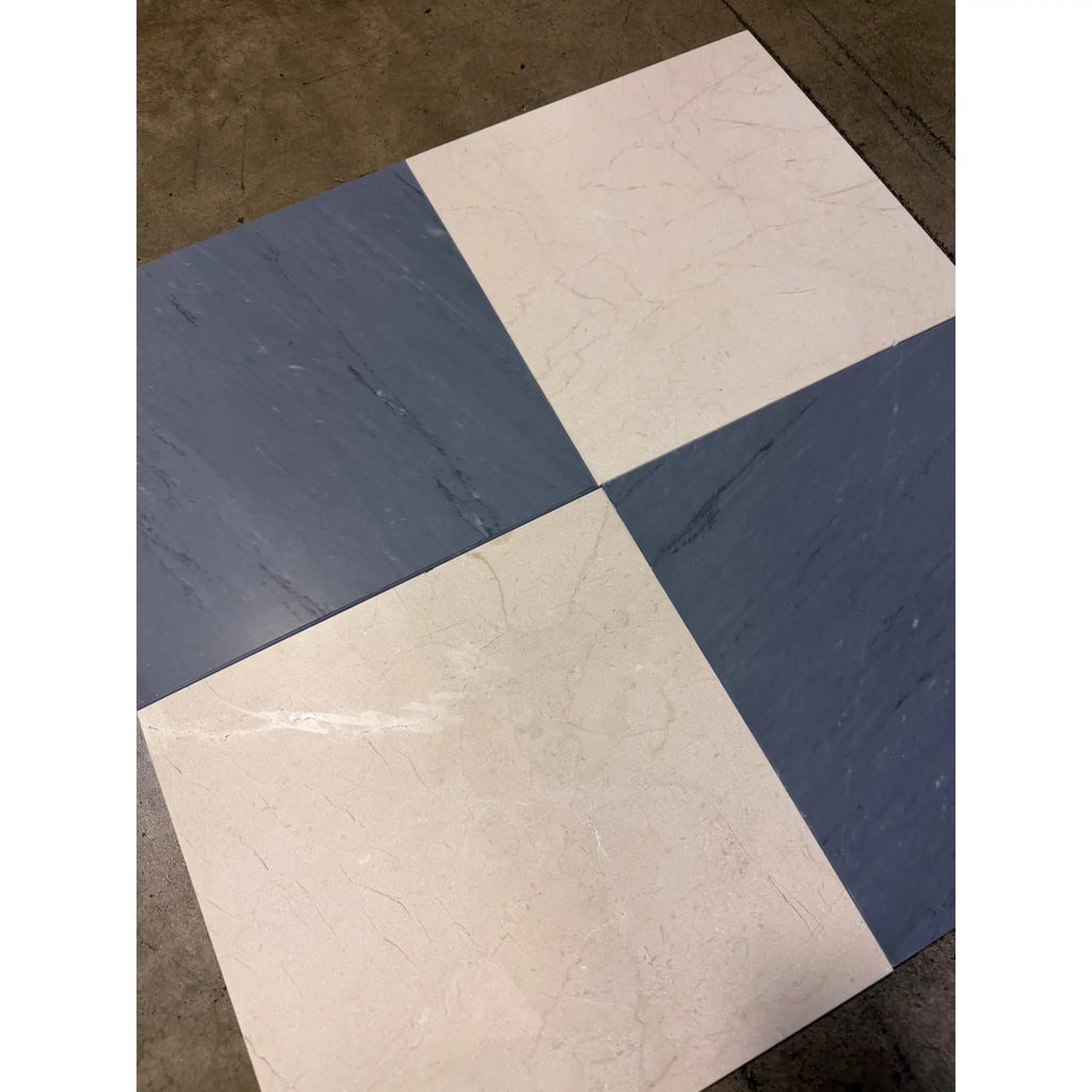 Checkerboard Bardiglio and Crema Marfil blue white marble 12x12 tiles