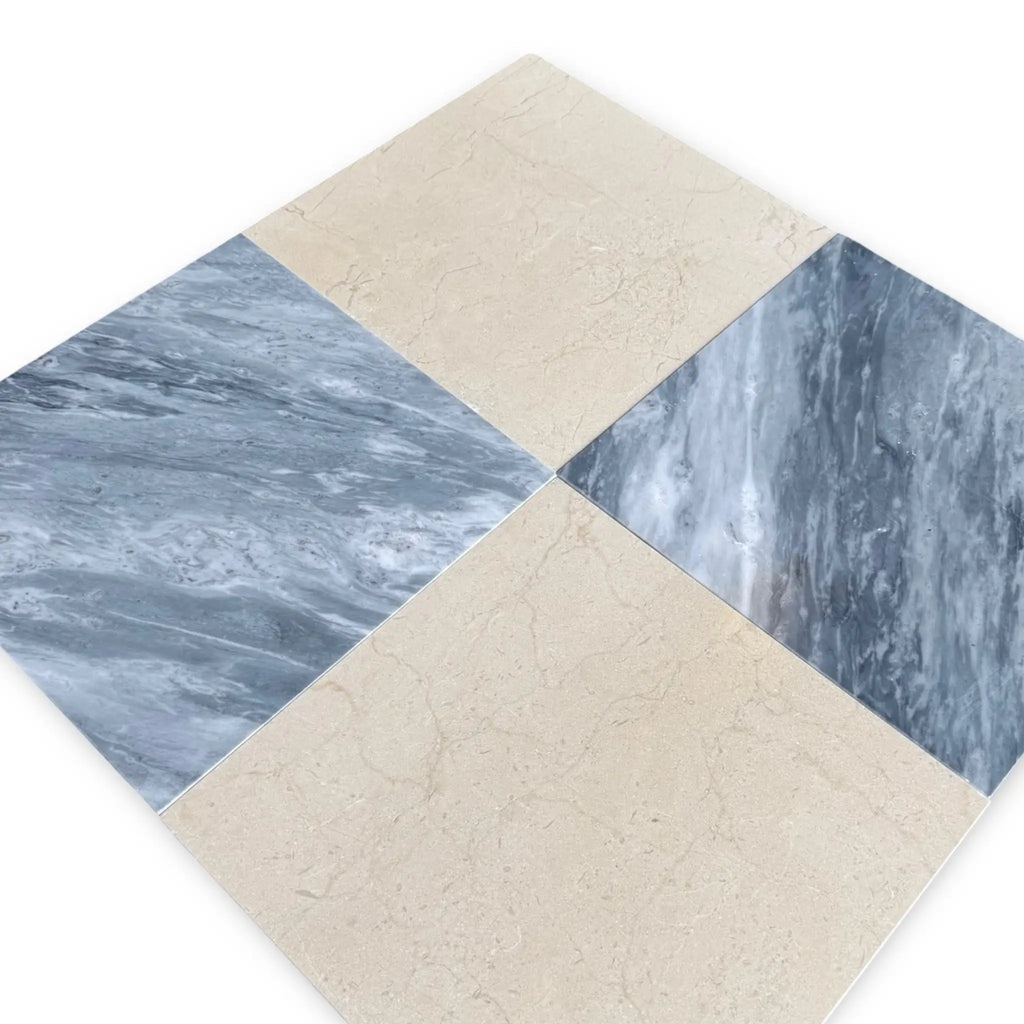 Diamond-patterned tile with marble and beige squares from Checkerboard Bardiglio and Crema Marfil 12X12 Set