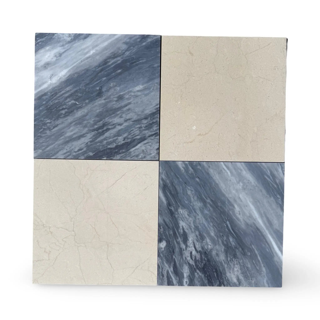 Four square marble tiles in the Checkerboard Bardiglio and Crema Marfil 12X12 Set