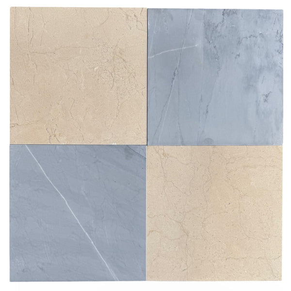 Four square tiles in beige and gray from the Checkerboard Bardiglio and Crema Marfil 12X12 Set