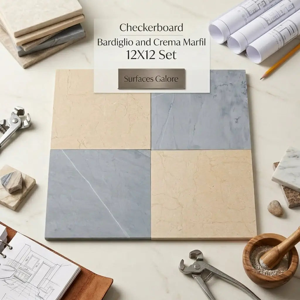Checkerboard bardiglio and crema marfil 12x12 tile set with natural stone textures in beige and gray tones