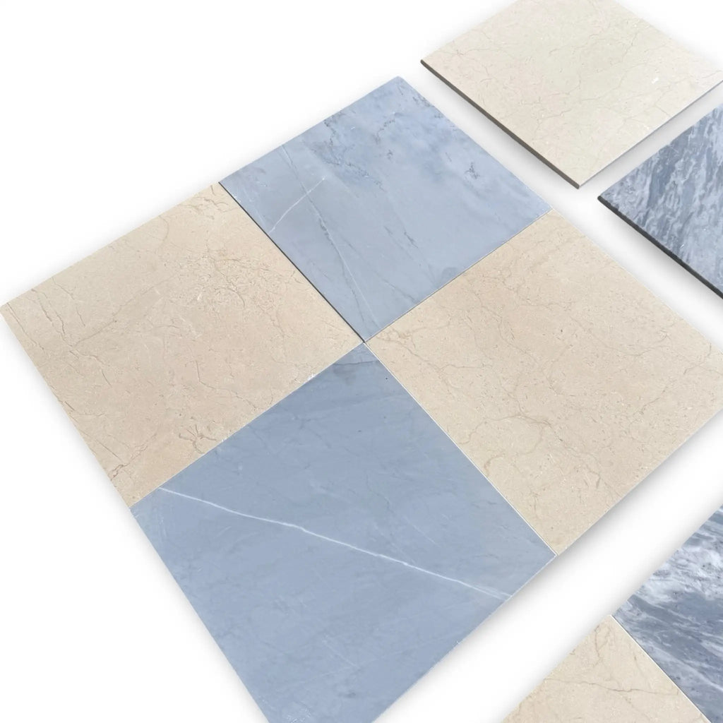 Square floor tiles from the Checkerboard Bardiglio and Crema Marfil 12X12 Set