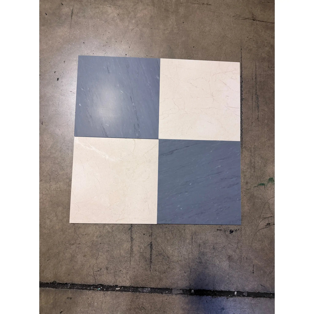 Checkerboard Bardiglio and Crema Marfil 12x12 gray off-white tiles