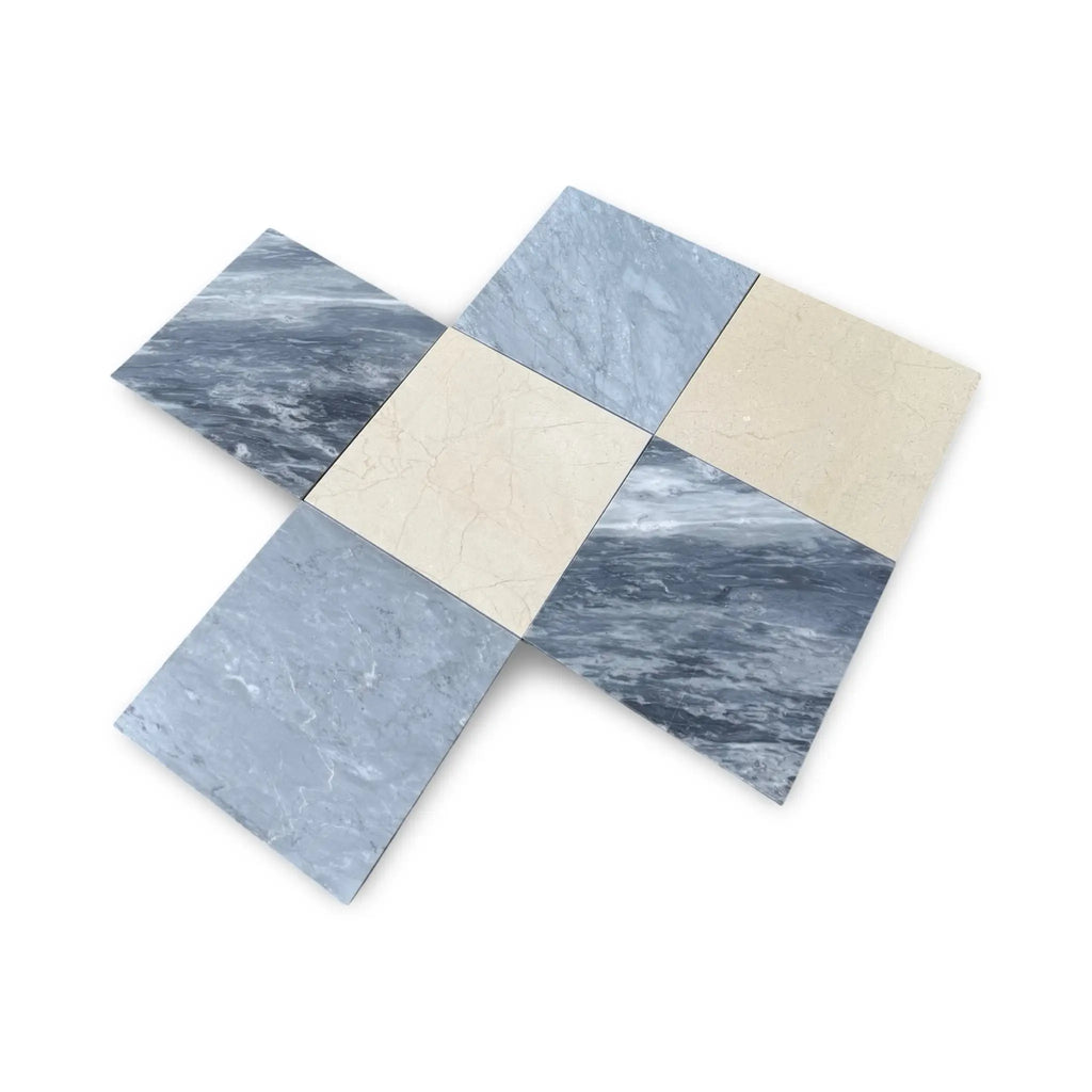 Arrangement of square tiles in the Checkerboard Bardiglio and Crema Marfil 18X18 Set
