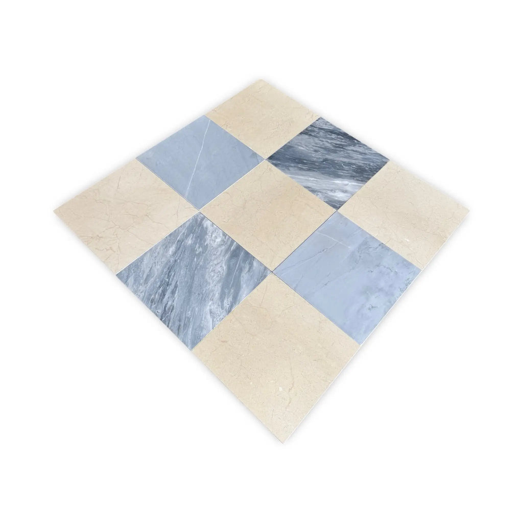 Diamond-patterned tile square from Checkerboard Bardiglio and Crema Marfil 18x18 Set
