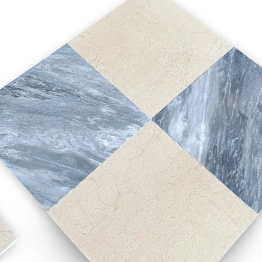 Diamond-patterned marble tiles from Checkerboard Bardiglio and Crema Marfil 18X18 Set