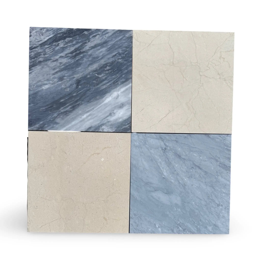 Four square marble tiles from the Checkerboard Bardiglio and Crema Marfil 18X18 Set