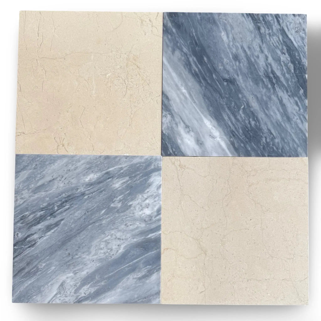 Four-square marble tile arrangement from Checkerboard Bardiglio and Crema Marfil 18x18 Set