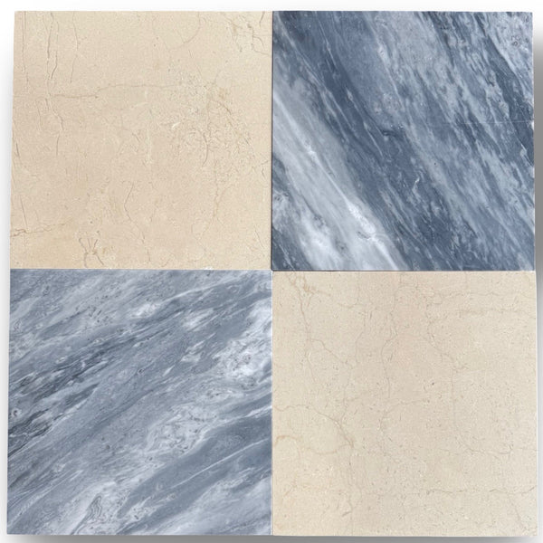 Four square marble tiles displaying Checkerboard Bardiglio and Crema Marfil 18X18 Set