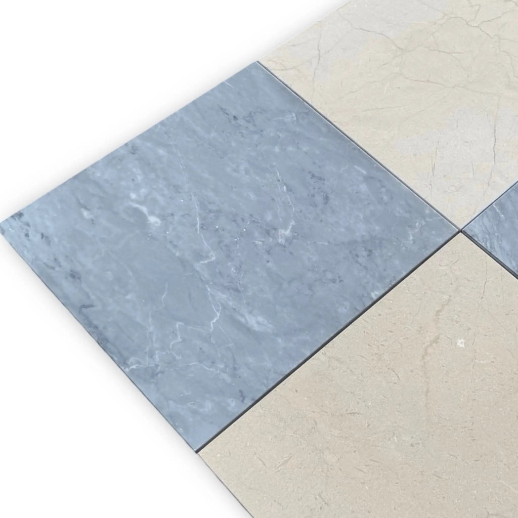 Checkerboard Bardiglio and Crema Marfil 18x18 marble tile set with alternating gray and beige tiles