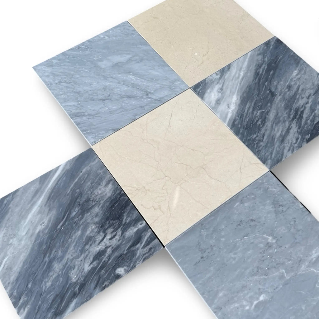 Alternating marble-patterned floor tiles in the Checkerboard Bardiglio and Crema Marfil 18X18 Set