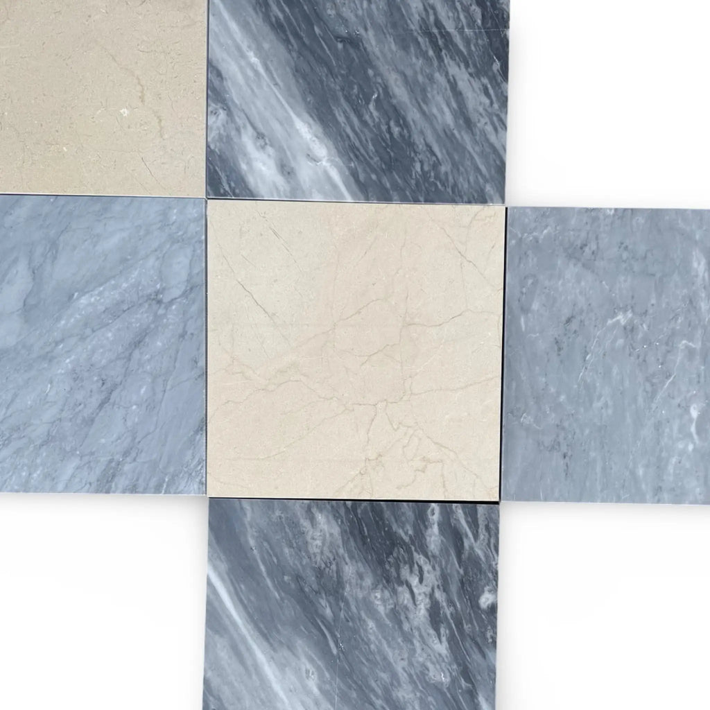 Marble tile arrangement featuring Checkerboard Bardiglio and Crema Marfil 18x18 set