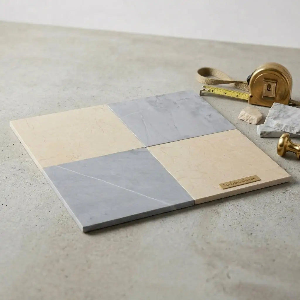 Square marble tile sample pad labeled surfaces palette featuring two-tone beige and gray veined checkerboard design