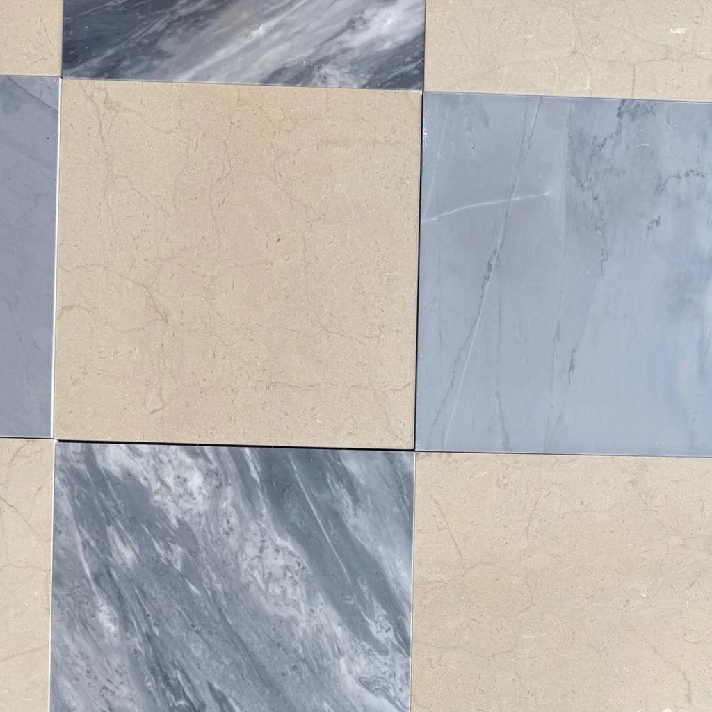 Square marble tiles from Checkerboard Bardiglio and Crema Marfil 18X18 Set