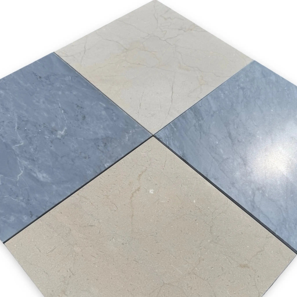 Square marble tiles from the Checkerboard Bardiglio and Crema Marfil 18X18 Set