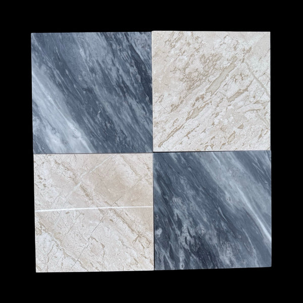 Four marble-patterned tiles from the Checkerboard Bardiglio and Diano Royal Marble 12X12 Set