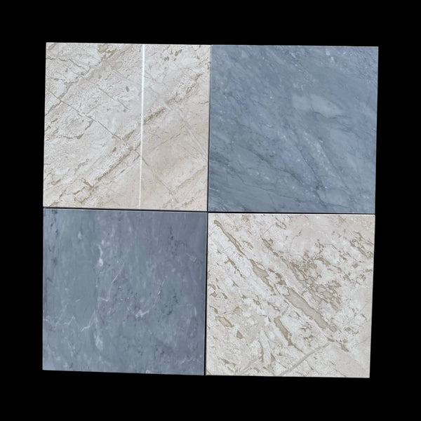 Four marble-patterned tiles from the Checkerboard Bardiglio and Diano Royal Marble 12X12 Set