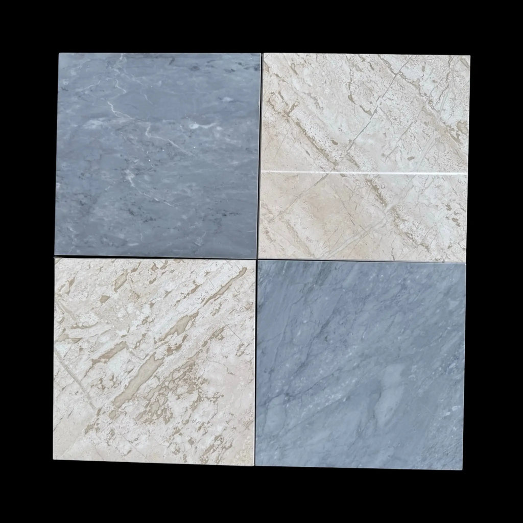 Four square marble tiles from the Checkerboard Bardiglio and Diano Royal Marble 12X12 Set
