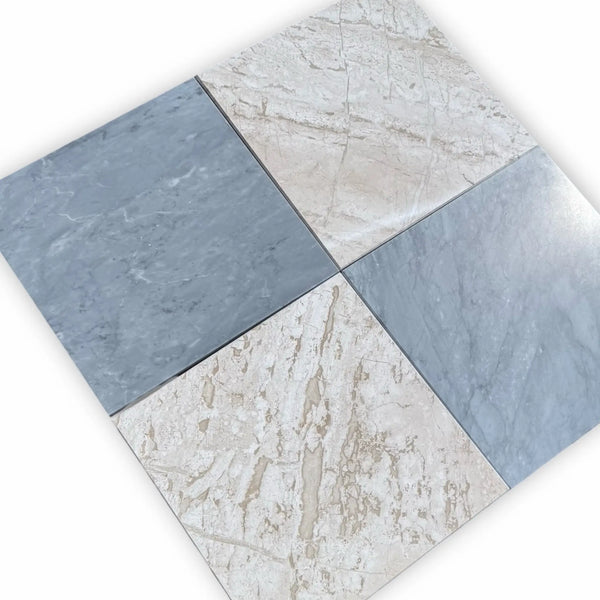 Four square Marble Tiles in Checkerboard Bardiglio and Diano Royal Marble 12x12 Set