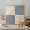 A framed display of checkerboard bardiglio and diano royal marble 12x12 set with beige and gray veined tiles