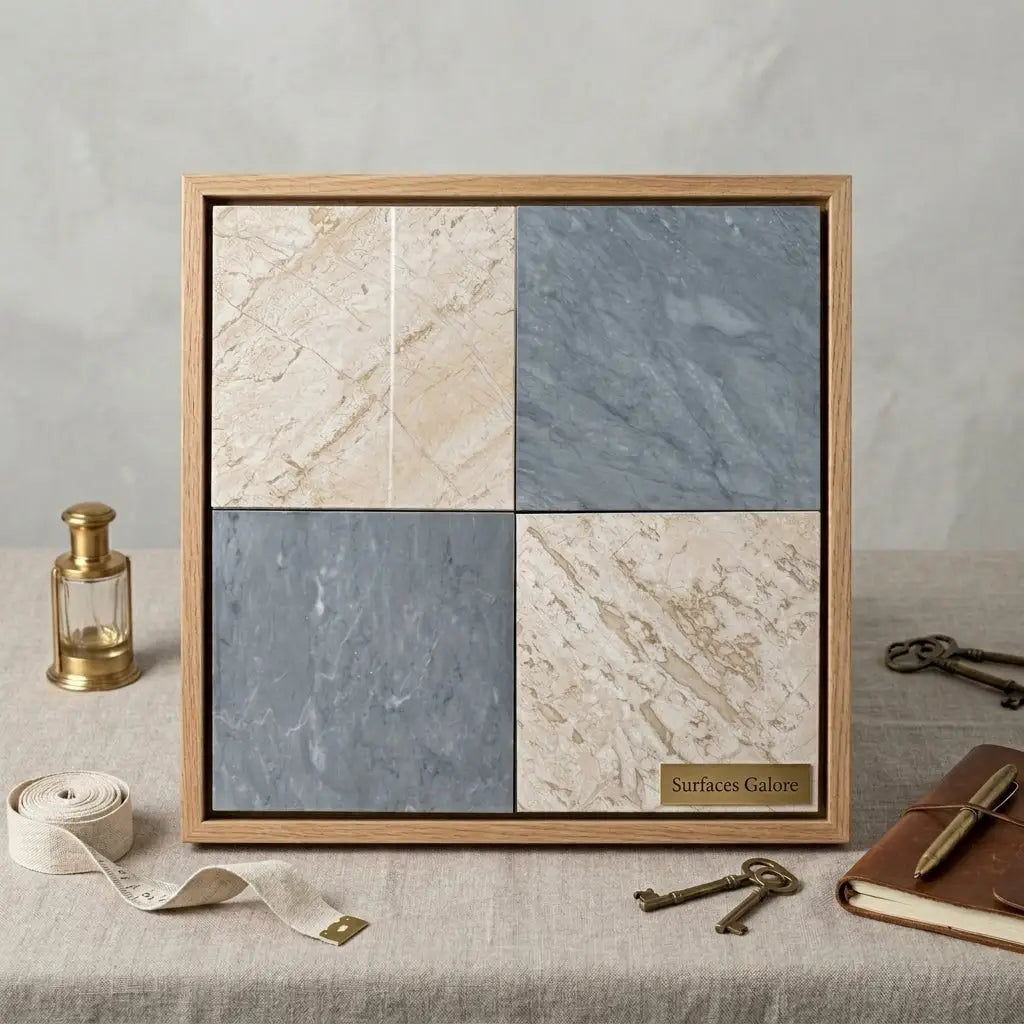 A framed display of checkerboard bardiglio and diano royal marble 12x12 set with beige and gray veined tiles