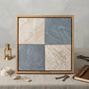 A framed display of checkerboard bardiglio and diano royal marble tile samples in beige and gray veined patterns