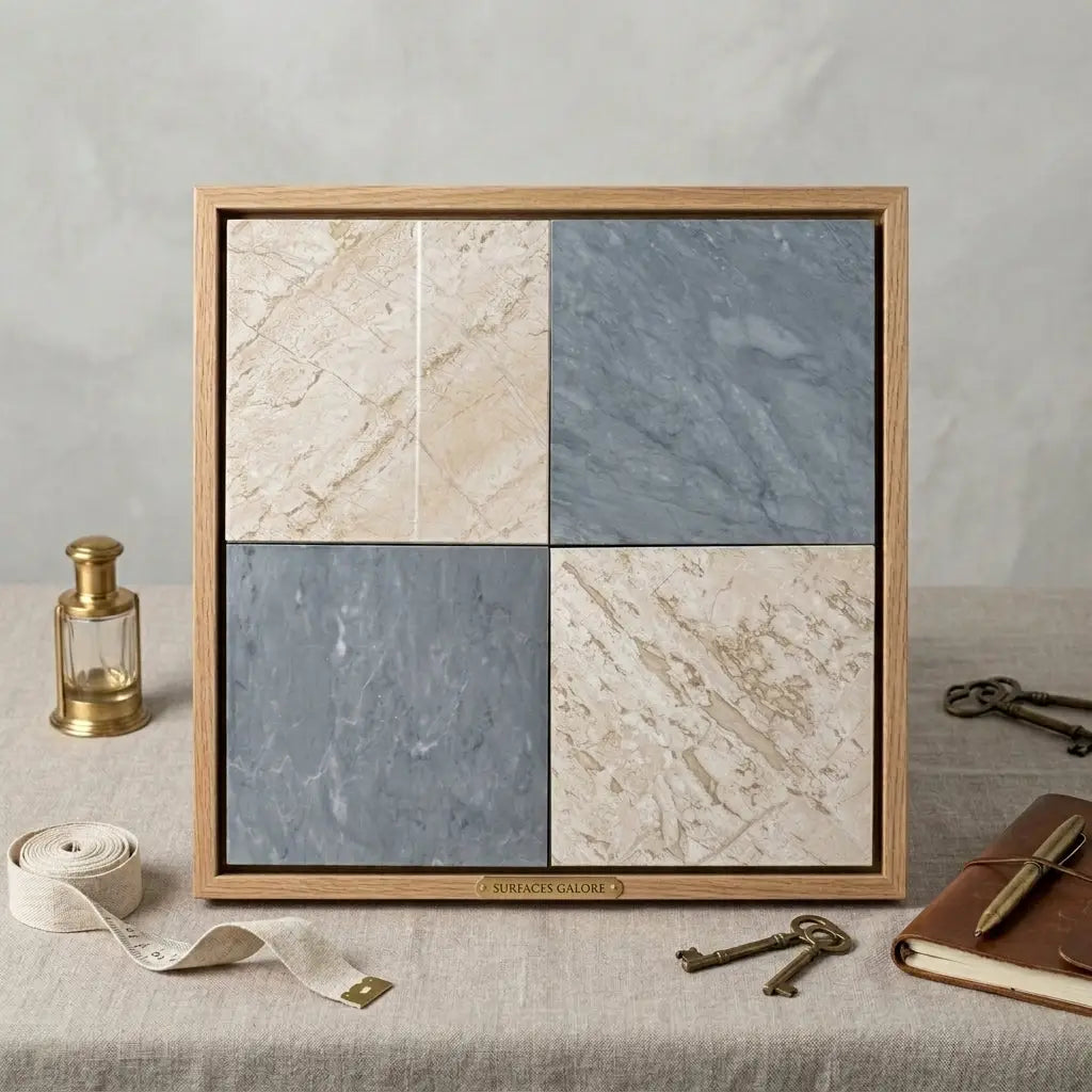 A framed display of checkerboard bardiglio and diano royal marble tile samples in beige and gray veined patterns