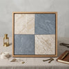 A square wooden-framed display of checkerboard bardiglio and diano royal marble 12x12 tiles in beige and blue-gray tones