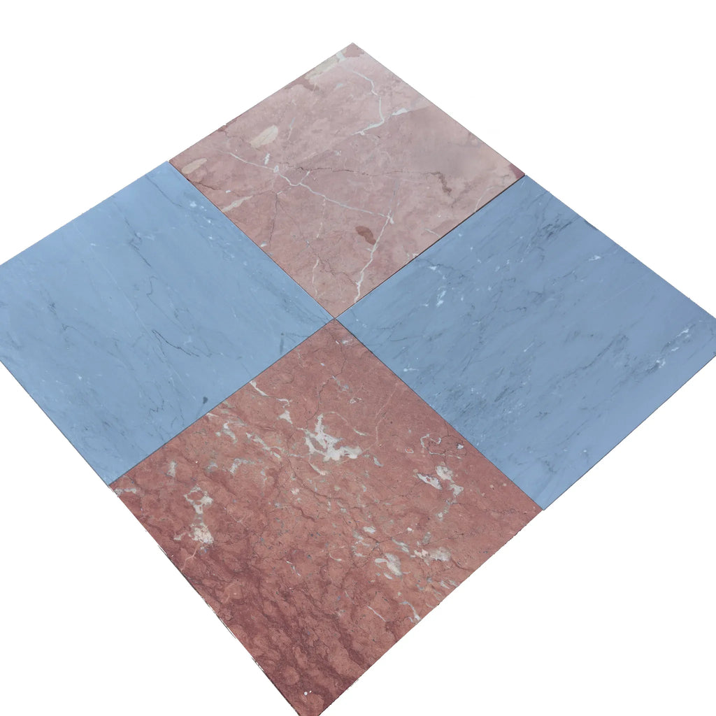 Four square marble tiles in Checkerboard Bardiglio and Rojo Alicante 12X12 Set