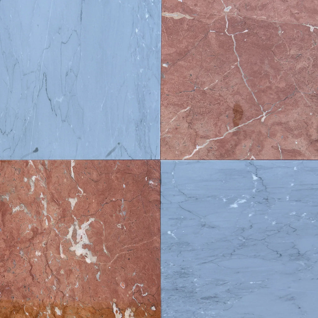 Four marble tiles of Checkerboard Bardiglio and Rojo Alicante 12X12 Set