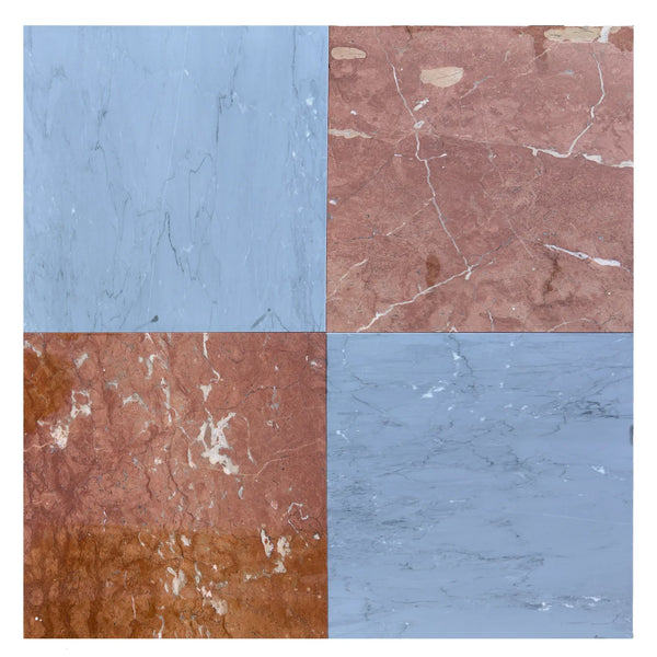 Four-paneled marble tile pattern in Checkerboard Bardiglio and Rojo Alicante 12X12 Set