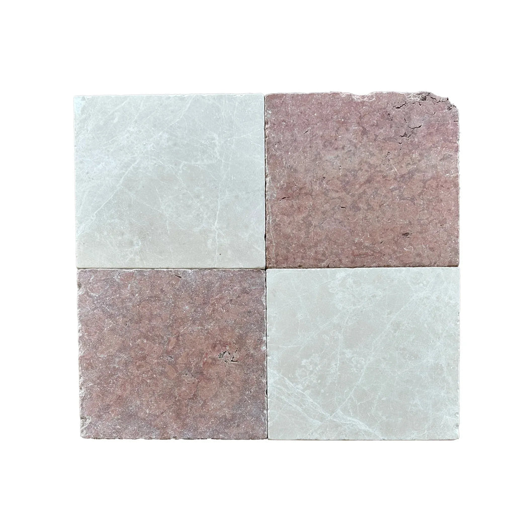 Four square marble tiles from Checkerboard Bardiglio and Rojo Alicante 12X12 Set