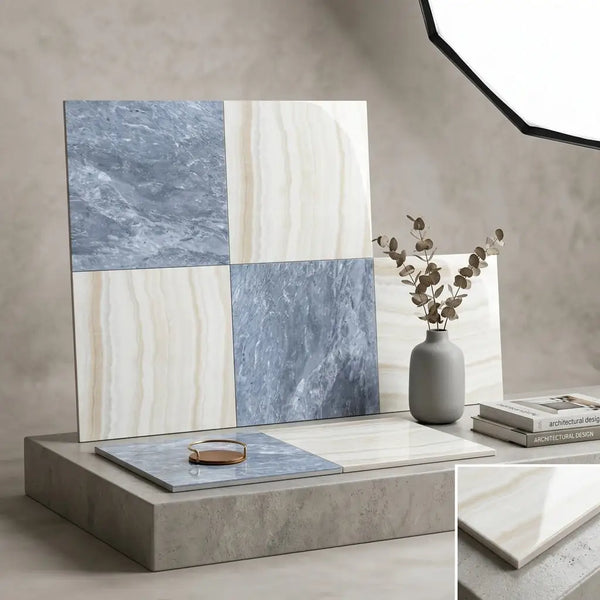 Blue and white marble-effect ceramic tiles arranged in a modern minimalist display checkerboard bardiglio and white onyx set