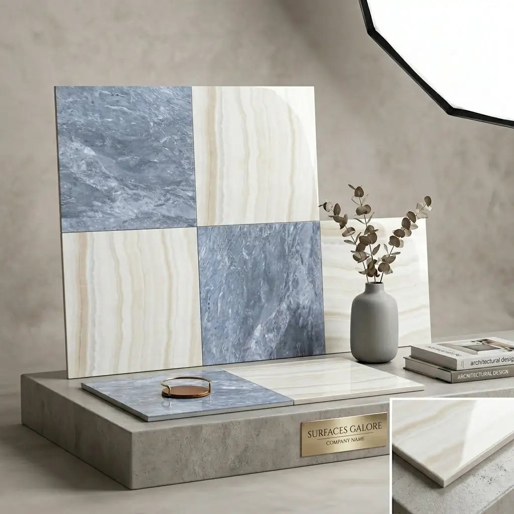 Blue and white marble effect checkerboard bardiglio and white onyx vein cut 18x18 tiles displayed on concrete pedestal